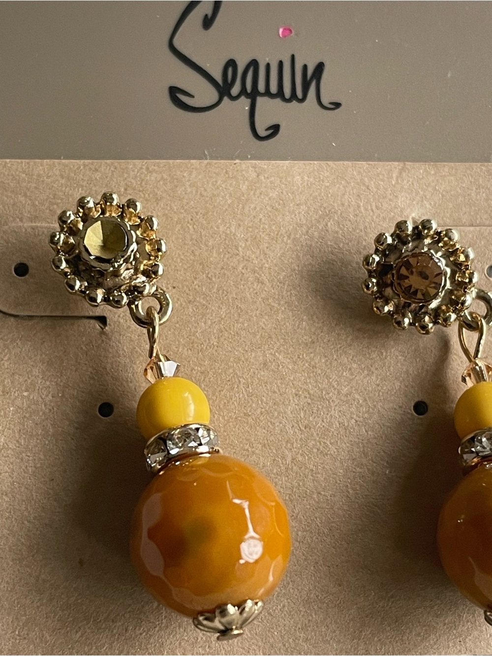 Gold-Tone Yellow Bead Drop Earrings missing Crystal on one earring